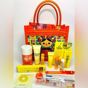 Bright Orange Mexican Folk Art Tote with 11 Assorted Beauty accessories Items